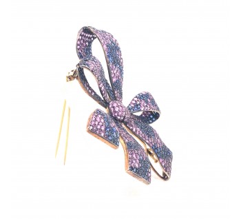 Moira Design Pink and Blue Sapphire Silver and Gold Bow Brooch