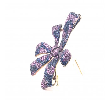 Moira Design Pink and Blue Sapphire Silver and Gold Bow Brooch