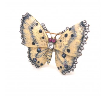 Modern Cream and Blue Enamel Diamond Ruby Gold and Silver Butterfly Brooch