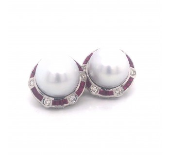 South Sea Pearl, Ruby, Diamond and White Gold Earrings, Circa 1990