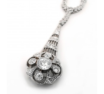 Diamond and Platinum Floral Cluster Drop Pendant