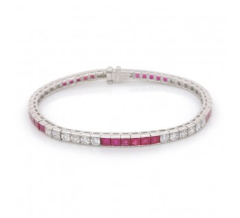 Modern Ruby Diamond and Platinum Line Bracelet