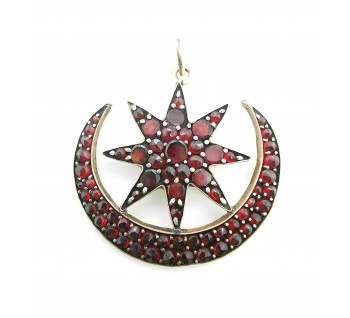 Antique Bohemian Garnet Star and Crescent Pendant, Circa 1890