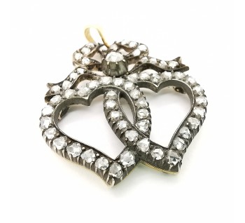 Victorian Diamond Double Heart and Bow Luckenbooth Silver Upon Gold Pendant, Circa 1880
