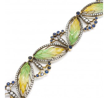 Moira Wheat and Seed Heads Plique à Jour Enamel Sapphire Diamond Gold and Silver Bracelet