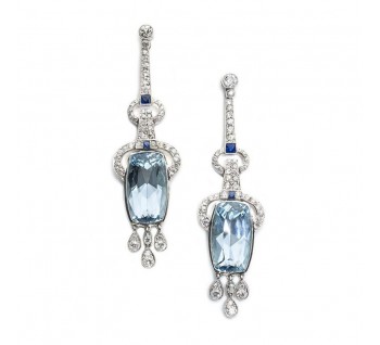 Modern Aquamarine, Sapphire, Diamond and  Platinum Earrings