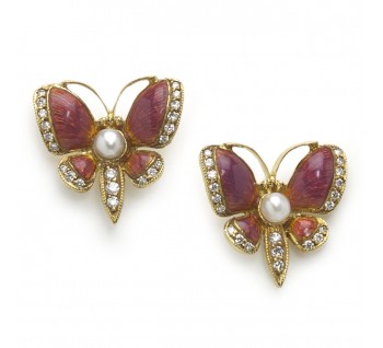 Pink Enamel Diamond Pearl and Gold Butterfly Earrings