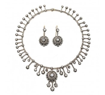 Antique Diamond Silver and Gold Necklace and Earrings Suite, Circa 1880