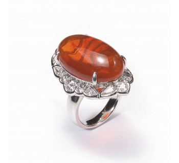 Modern Fire Opal Diamond and Platinum Cluster Ring