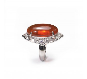 Modern Fire Opal Diamond and Platinum Cluster Ring