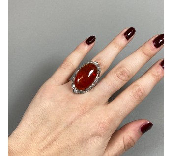 Modern Fire Opal Diamond and Platinum Cluster Ring