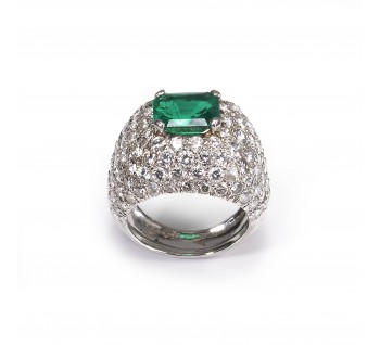 Emerald Diamond and 18ct White Gold Bombé Cluster Ring