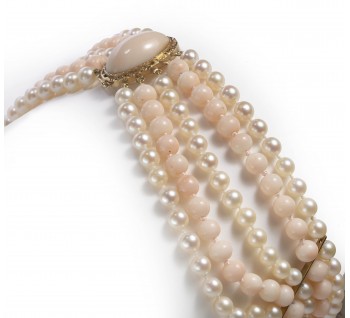 Vintage Coral And Cultured Pearl Five Row Necklace, Circa 1970