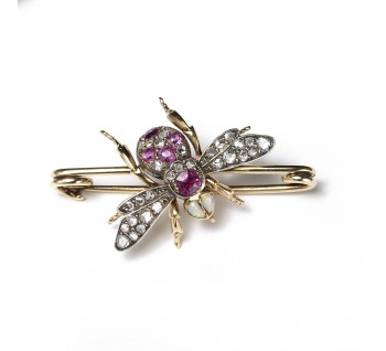 Antique Diamond, Ruby And Opal Bee Brooch, Circa 1880
