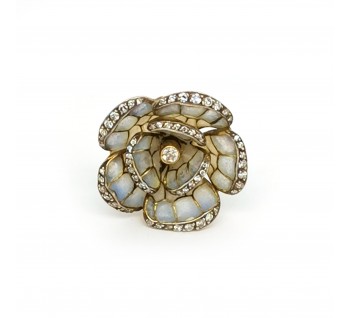 Pale Blue Plique a Jour Enamel, Diamond, Gold and Silver Flower Earrings