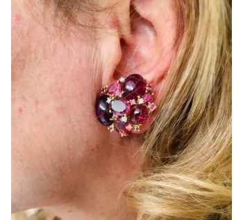 Modern Pink Tourmaline Diamond and Gold Cluster Earrings