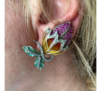 Enamel, Ruby and Diamond Flower Bud Earrings