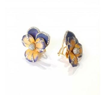 Enamel and Diamond Pansy Flower Earrings