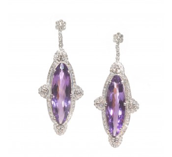Amethyst Diamond and Silver Drop Earrings, 40.00ct