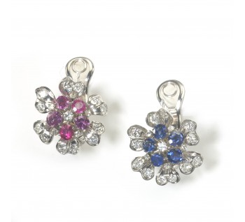 Vintage Sapphire, Ruby, Diamond and Platinum Flower Earrings