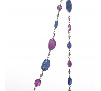 Sapphire, Ruby, Pearl and White Gold Long Chain Necklace