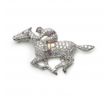 Vintage Diamond, Platinum and Gold Horse and Jockey Brooch, Circa 1960