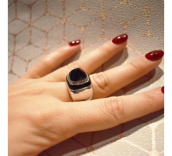 Vintage Italian Black Onyx Diamond and White Gold Dress Ring, Circa 1970