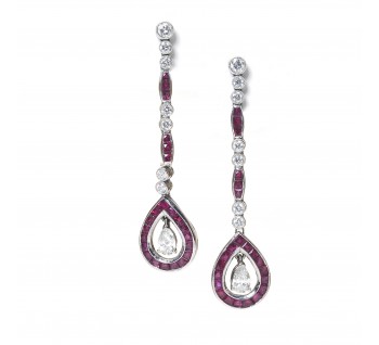 Art Deco Style Ruby Diamond and Platinum Drop Earrings