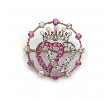 Antique Ruby Diamond Pearl Gold and Silver Luckenbooth Heart Crown and Circle Brooch, Circa 1910