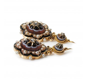 Victorian Banded Agate, Natural Pearl, Diamond, Enamel and Gold Drop Earrings, Circa 1870