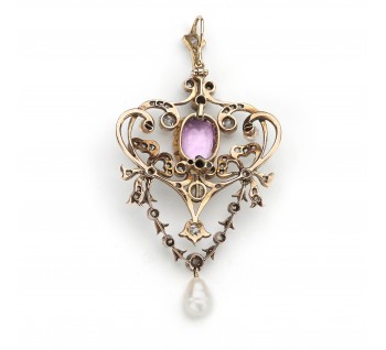 Modern Belle Epoque Style Pink Sapphire, Pearl Diamond Silver and Gold Pendant