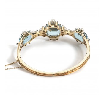 Edwardian Birks of Canada Aquamarine Pearl Diamond and Gold Bangle, Circa 1905