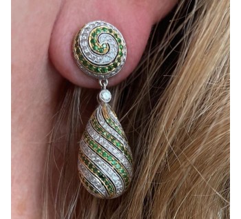 Modern Tsavorite Garnet Diamond and Gold Drop Earrings