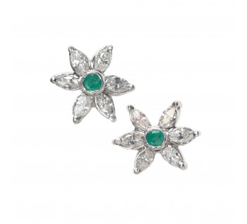 Modern White Gold Emerald and Diamond Flower Earrings