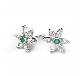 Modern White Gold Emerald and Diamond Flower Earrings