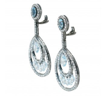 Modern Blue Topaz Briolette Diamond and Oxidised Gold Drop Earrings