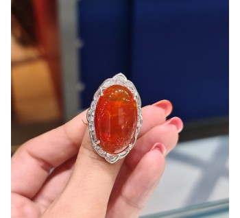 Modern Fire Opal Diamond and Platinum Cluster Ring