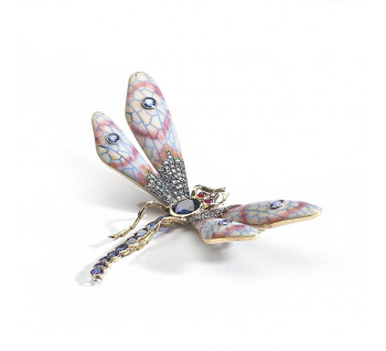 Enamel, Sapphire, Diamond, Ruby, Gold and Silver Dragonfly Brooch