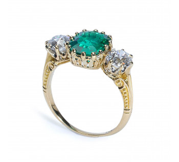 Antique Emerald Diamond and Gold Three Stone Ring, Circa 1900