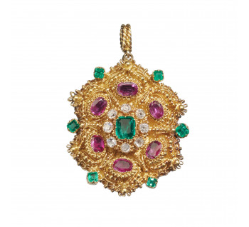 Georgian Ruby Emerald Diamond and Gold Cannetille Brooch-Cum-Pendant, Circa 1830