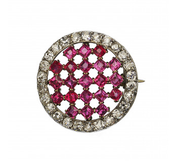Antique Austrian Burma Ruby Diamond and Silver-Upon-Gold Chequerboard Brooch, Circa 1890