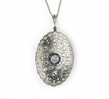 Art Deco Diamond Sapphire and Platinum Pendant, Circa 1925