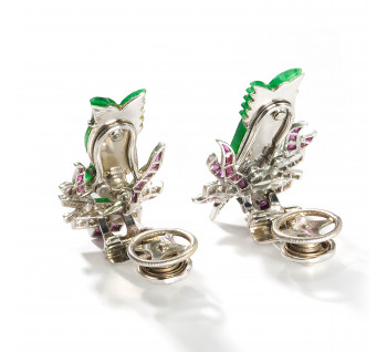Art Deco Jade, Ruby, Diamond and Platinum Phoenix Earrings, Circa 1920