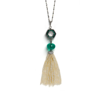 Emerald, Pearl, Diamond and Platinum Tassel Pendant Necklace