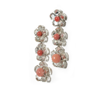 Conch Pearl, Rose Cut Diamond and Platinum Flower Drop Earrings