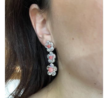 Conch Pearl, Rose Cut Diamond and Platinum Flower Drop Earrings