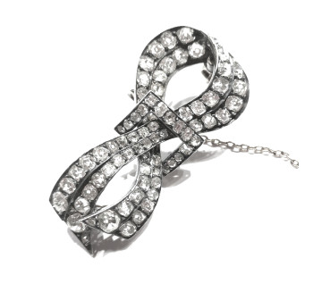 French Antique Diamond and Silver Upon Gold Bow Brooch, Circa 1880