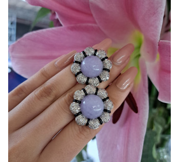 Modern Lavender Jade Black Onyx Diamond and  Platinum Flower Earrings