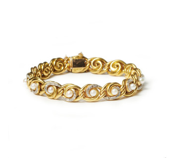 French Art Nouveau Pearl, Diamond, Platinum and Gold Bracelet