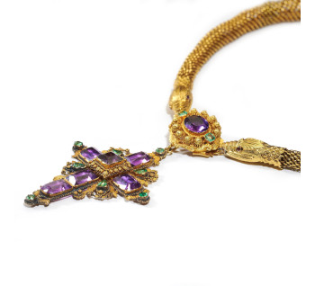 Georgian Cannetille Gold Snake Necklace with Amethyst and Emerald Cross Pendant, Circa 1830